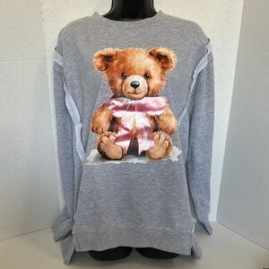 Goodie two sleeves Gray Sweatshirt with Teddy Bear and bow medium OVERSIZED NWT